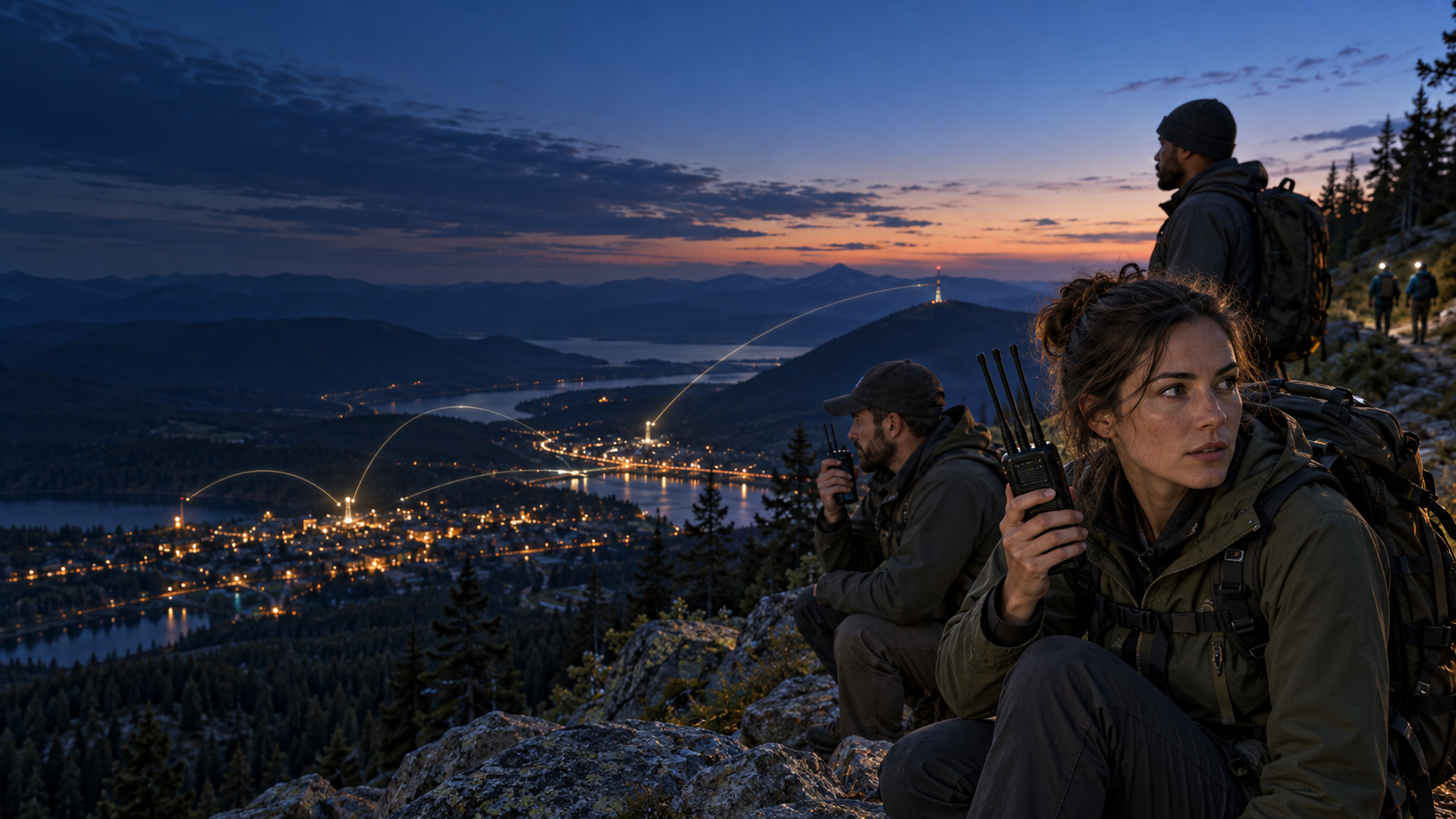 Field communications operators using handheld radios above a town at dusk; illustrative concept image.